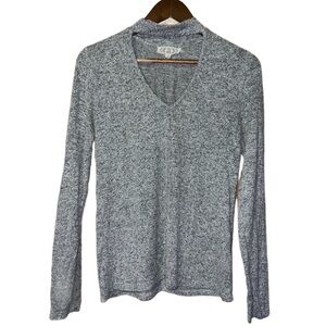 EUC Pink Rose Gray Mock Neck Cutout V-neck Long Sleeve Sweater Size Large